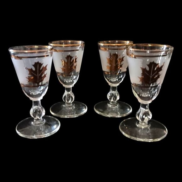 Libbey Golden Foliage Cordial Glasses Frosted Stemmed Gold Oak Leaf MCM Mad Men. - Picture 12 of 16